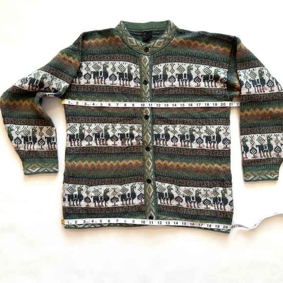 VTG ANDINA 100% ALPACA LLAMA PRINT GREEN MOCK-NECK BUTTON FRONT CARDIGAN SzM/L - Picture 12 of 13